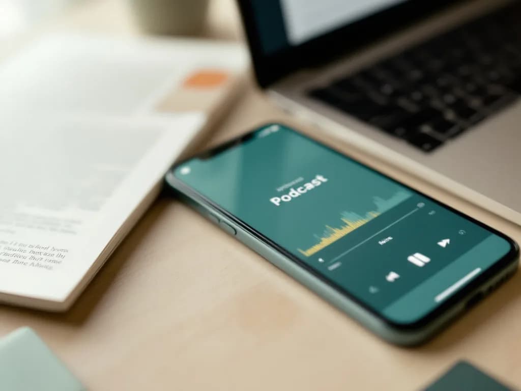 Smartphone mit laufender Podcast-Folge neben einem Laptop mit Artikelentwurf