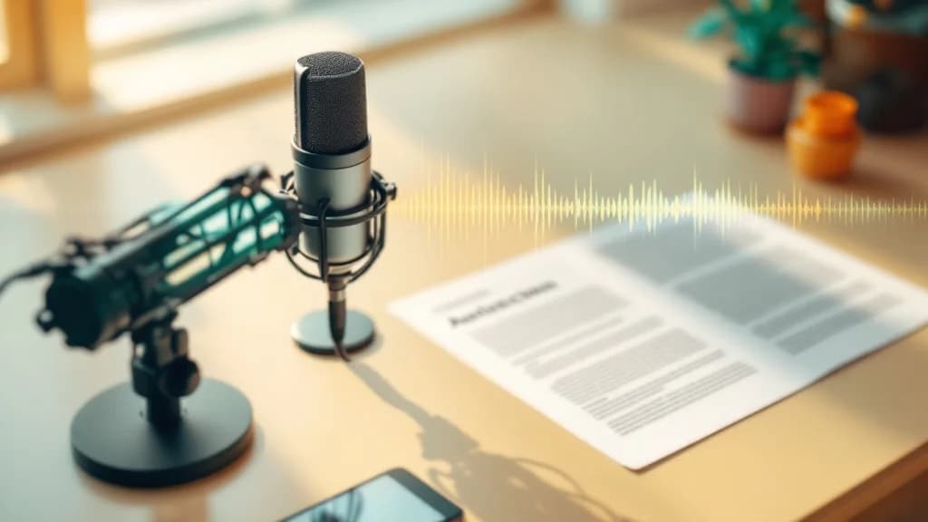 Podcast-Mikrofon neben einem gedruckten Artikelentwurf, verbunden durch eine Audio-Wellenform