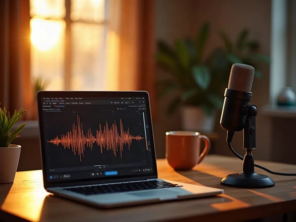 Podcast-Mikrofon an einem Schreibtisch mit sichtbarer Audio-Wellenform