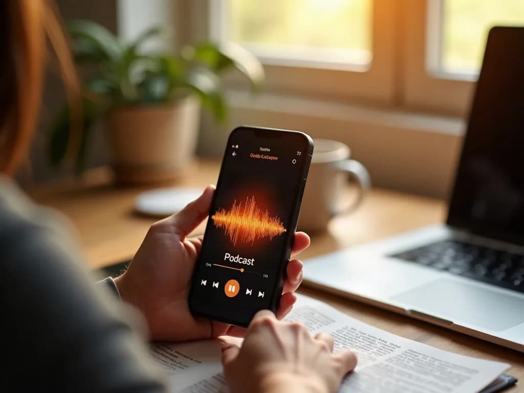 Smartphone in der Hand mit laufender Podcast-Folge im Player