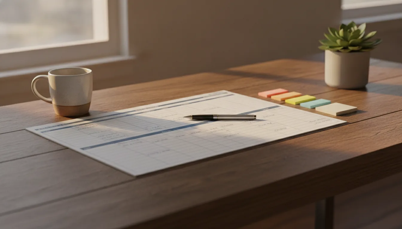 Content-Kalender für Blogger: Papierplaner mit Haftnotizen auf einem Holzschreibtisch