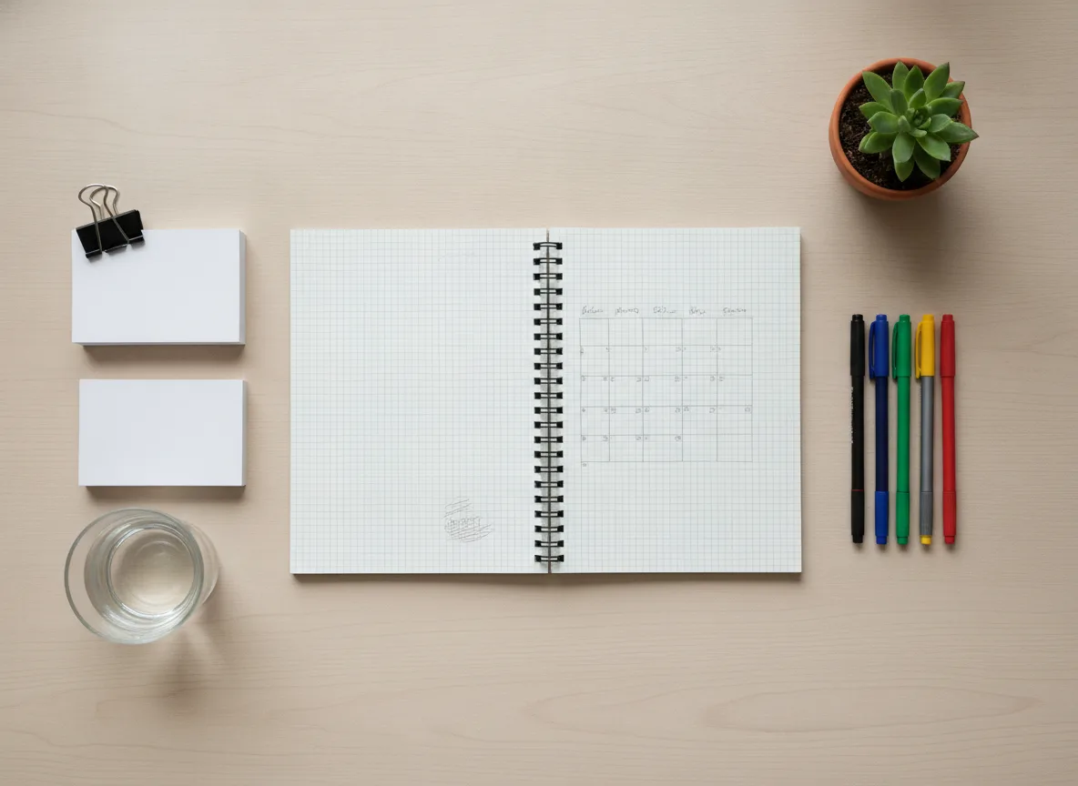 Notizbuch mit handgezeichnetem Blog-Content-Kalender-Raster, Stiften und Karten auf einem Schreibtisch